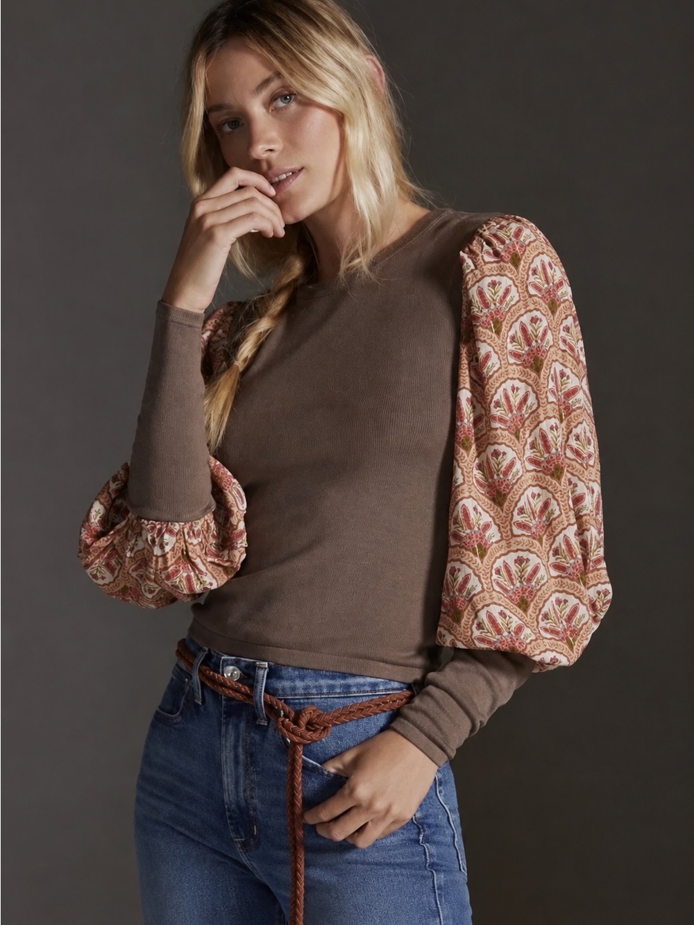BL^NK London Taupe Knit Top Floral Lurex Balloon Sleeves